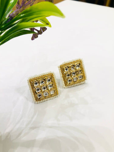 Square Kundan Pearl Earrings